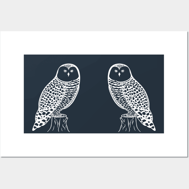 Snowy Owls in Love - cute and fun owl bird design Wall Art by Green Paladin